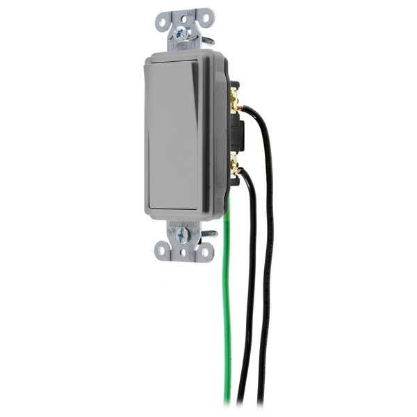 Hubbell Wiring Device-Kellems Spec Grade, Decorator Switches, General Purpose AC, Single Pole, 20A 120/277V AC, Back and Side Wired, Pre-Wired with 8" #12 THHN DSL120GY